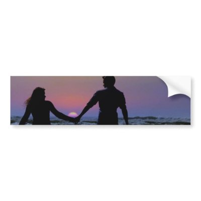 image of lovers holding hands. Lovers Holding Hands Walking into the Beach Sunset Bumper Sticker by 