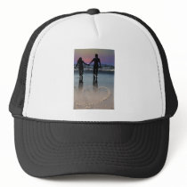 Lovers Holding Hands Walking into the Beach Sunset hats