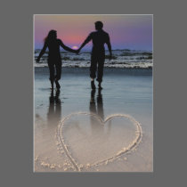 Lovers Holding Hands Walking into the Beach Sunset postcards