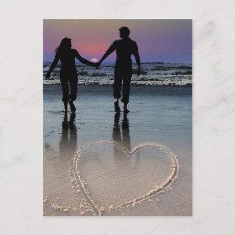 Lovers Holding Hands Walking into the Beach Sunset postcard