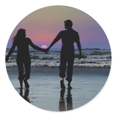 Lovers Holding Hands Walking into the Beach Sunset Stickers by beverlytazangel. An in love couple, holding hands walking barefoot into the beautiful sunset