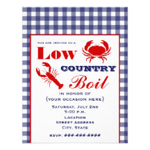 Low Country Boil Crab & Lobster Blue Gingham Invite