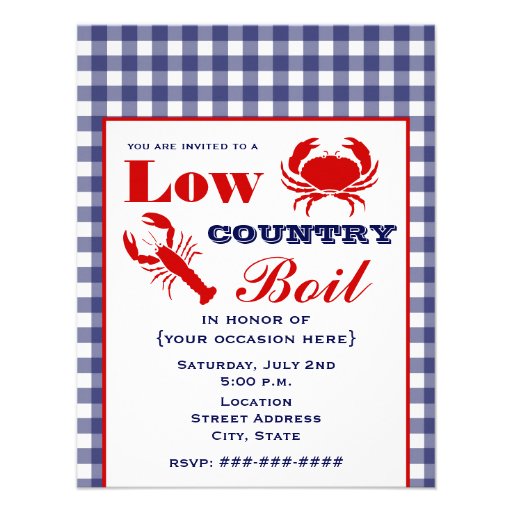 Low Country Boil Crab & Lobster Blue Gingham Invite