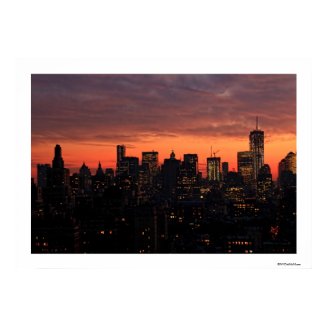 Lower Manhattan Skyline at Twilight, Pink Sky A1 Print