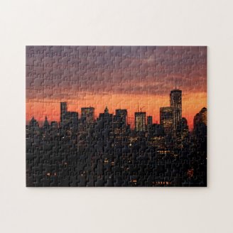 Lower Manhattan Skyline at Twilight, Pink Sky A1 Jigsaw Puzzle