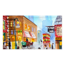 Lowry inspired busy street scene painting tram business cards