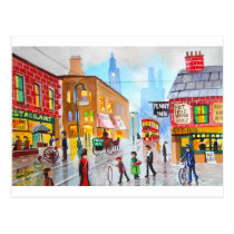 Lowry inspired busy street scene painting tram postcards