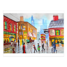 Lowry inspired busy street scene painting tram postcards