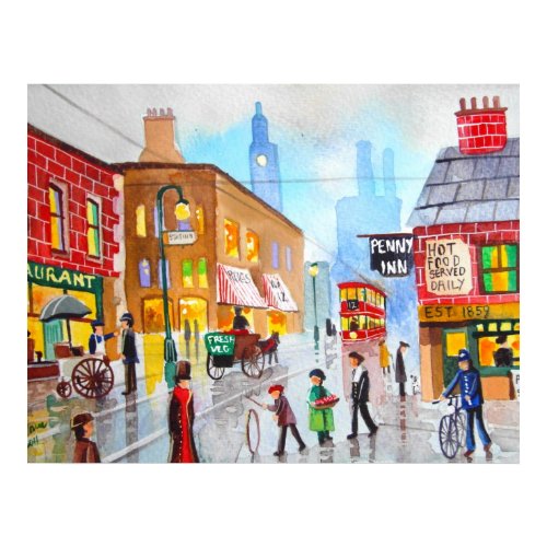 Lowry inspired busy street scene painting tram print