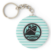 Lt Blue White Striped Black Cruise Ship Nautical Keychain
