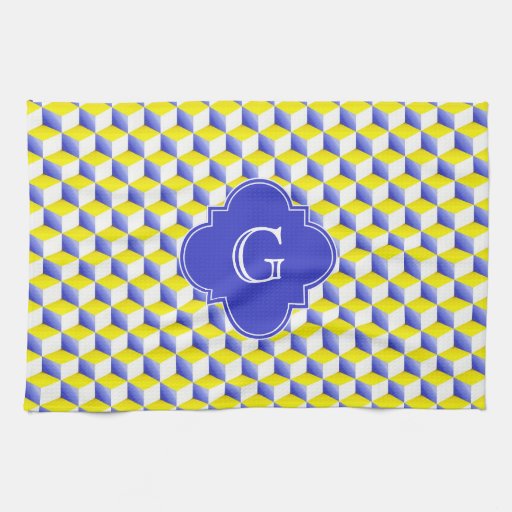 Lt Blue Yellow White 3D Look Cubes Cobalt Monogram Hand Towel
