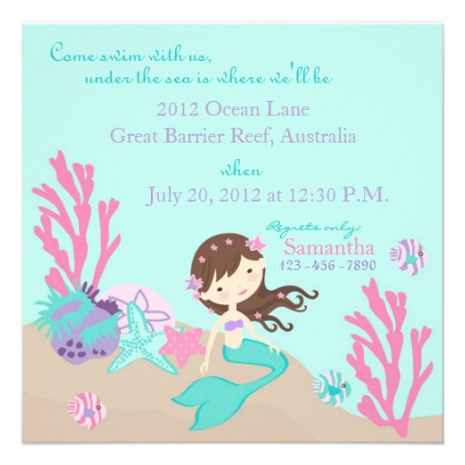 Lt. Brunette Mermaid First Birthday Invitation