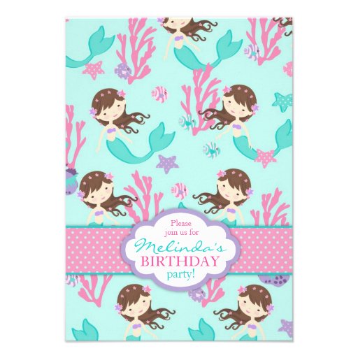 Lt. Brunette Mermaid First Birthday Invitation