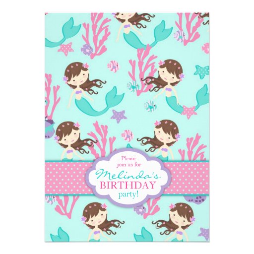 Lt. Brunette Mermaid Fourth Birthday Invitation