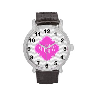 Lt Gray Chevron Hot Pink Quatrefoil 3 Monogram Tn Watch