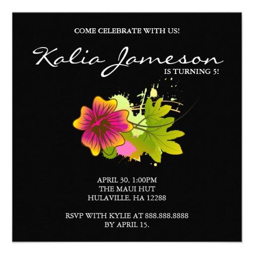 Luau Birthday Party Invite Hibiscus Flower Black (front side)