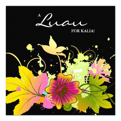 Luau Birthday Party Invite Hibiscus Flower Black