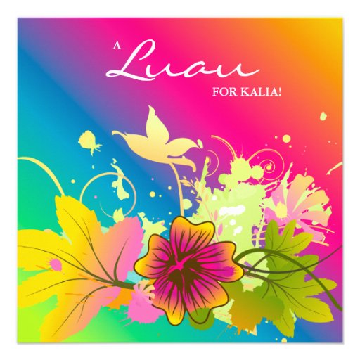 Luau Birthday Party Invite Hibiscus Flower Rainbow