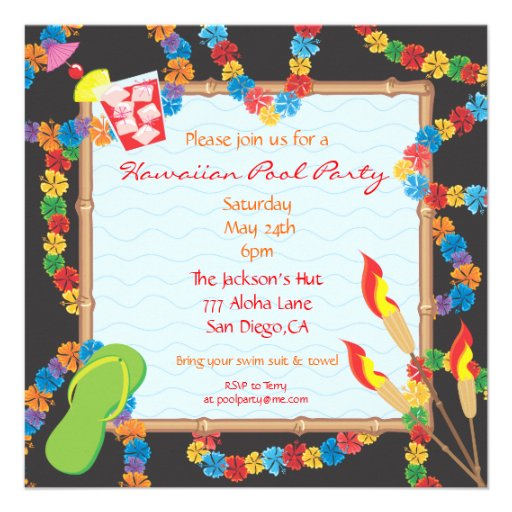 Luau Hawaiian Pool Party Invitation Card (front side)