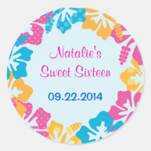Luau Hibiscus Sweet Sixteen (16) Favor Sticker