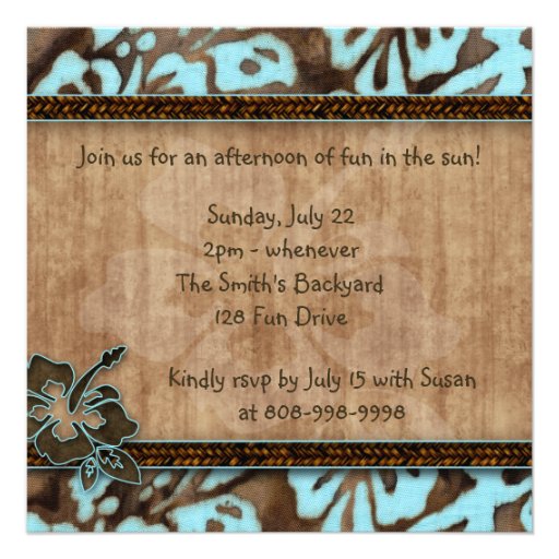 Luau Party Invitation Hibiscus Blue Brown (front side)