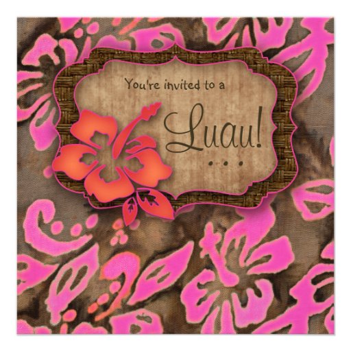 Luau Party Invitation Hibiscus Pink Brown Orange