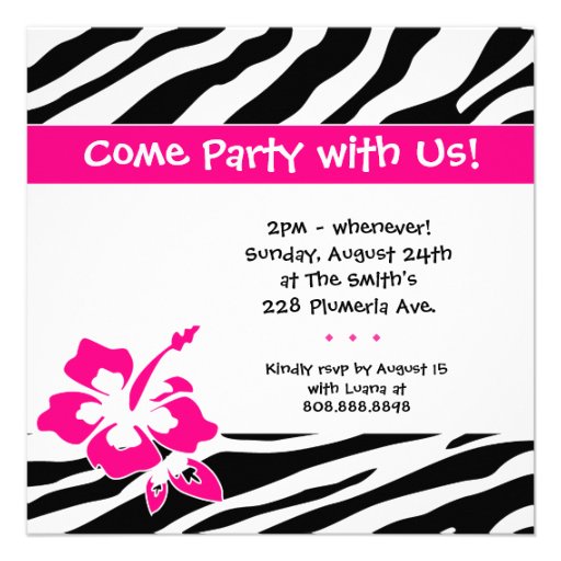 Luau Party Invitation Hibiscus Zebra Pink Black