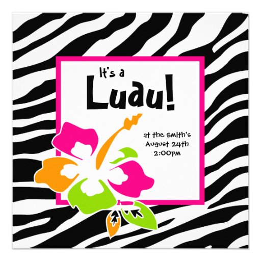 Luau Party Invitation Hibiscus Zebra Pink Org Lime