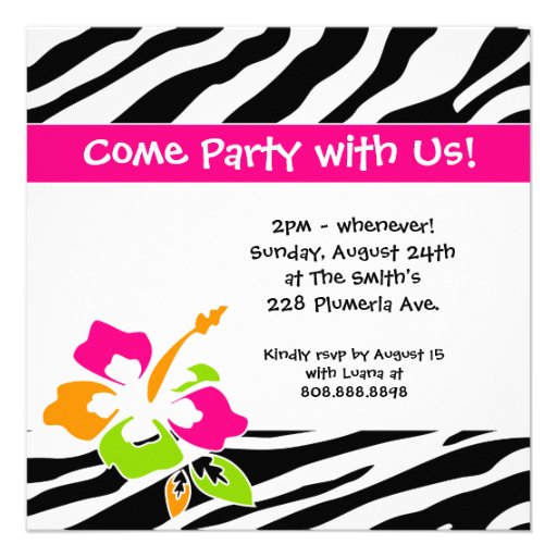Luau Party Invitation Hibiscus Zebra Pink Org Lime
