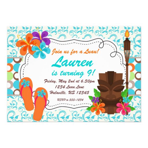Luau Party Invite, Turquoise Damask and Tiki Man (front side)
