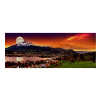 Lucerne Switzerland & the moon over Mount Pilatus