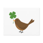 Lucky bird holding a four leaf clover postcard