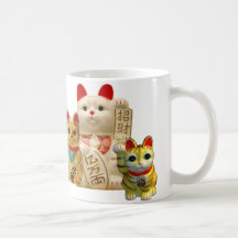Lucky Cat Japanese Good Luck Waving Cats Group Coffee Mugs