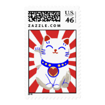 Lucky cute neko cat on rising sun postage