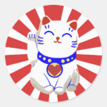 Lucky cute neko cat on rising sun sticker
