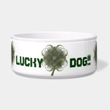 Lucky Dog Fractal Art Four Leaf Clovers Dog Bowl