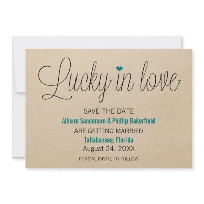 Lucky in Love Save the Date, Teal Personalized Announcements