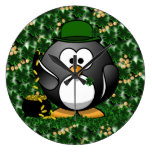 Lucky Penguin with Pot of Gold and Shamrocks Wall Clocks