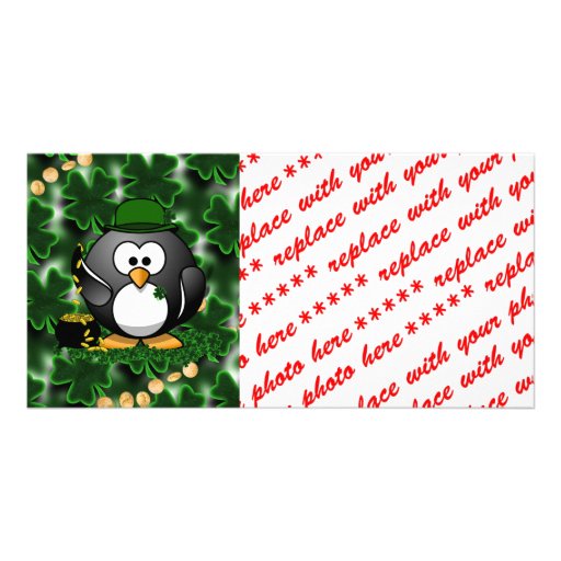 Lucky Penguin with Pot of Gold and Shamrocks Customized Photo Card