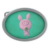 Lucky pig with lucky four leaf clover oval belt buckles