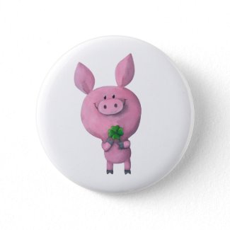 Lucky pig with lucky four leaf clover pinback button