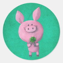 artsprojekt, pig, clover, lucky, lucky pig, four-leaf clover, lucky clover, lucky charm, lucky gift, good luck, adorable pig, little pig, little piggy, illustration pig, Klistermærke med brugerdefineret grafisk design