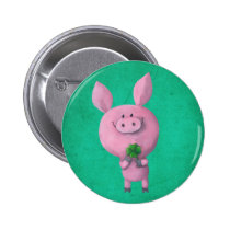 artsprojekt, pig, clover, lucky, lucky pig, four-leaf clover, lucky clover, lucky charm, lucky gift, good luck, adorable pig, little pig, little piggy, illustration pig, Botão/pin com design gráfico personalizado