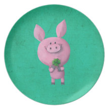 Lucky pig with lucky four leaf clover plate