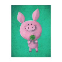 artsprojekt, pig, clover, lucky, lucky pig, four-leaf clover, lucky clover, lucky charm, cute pig, cute piggy, adorable pig, little pig, little piggy, illustration pig, lucky gift, good luck, Postcard with custom graphic design