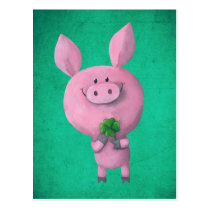 artsprojekt, pig, clover, lucky, lucky pig, four-leaf clover, lucky clover, lucky charm, lucky gift, good luck, adorable pig, little pig, little piggy, illustration pig, Cartão postal com design gráfico personalizado