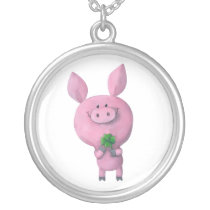 artsprojekt, pig, clover, lucky, lucky pig, four-leaf clover, lucky clover, lucky charm, lucky gift, good luck, adorable pig, little pig, little piggy, illustration pig, Necklace with custom graphic design