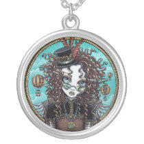 lucy, steam, punk, hot, air, balloon, fairy, faerie, aviatrix, aviator, top, hat, victorian, fantasy, art, myka, jelina, mika, angels, Necklace with custom graphic design