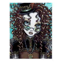 steampunk, steam, punk, victorian, gothic, hot, air, balloon, top, hat, fairy, gears, faery, faerie, fae, fairies, fantasy, clock, pocket, watch, gilded, ornate, brown, copper, bronze, feathers, myka, jelina, mika, characters, Cartão postal com design gráfico personalizado