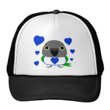Lulu, the Senegal Parrot, with blue hearts Hat